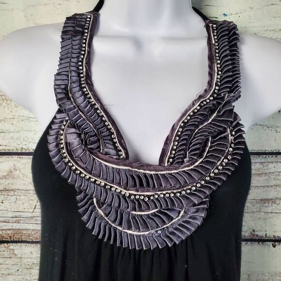 Daytrip Black Embellished Halter Top Size S Beaded Pleated Neckline Bubble Hem - Picture 2 of 5